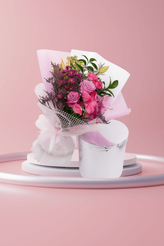 باقة أكاليل الورد – باقة ورد طبيعي وردي مع أقحوان...