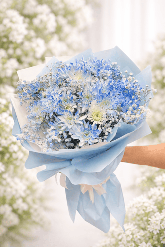 باقة الهدوء الأزرق /ورد كريز وجبسوفيليا مع شوكلاتة...