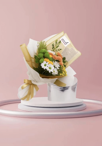 باقة صن شاين – باقة ورد طبيعي برتقالي مع زهور صفرا...