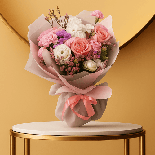 باقة الحب الأبدي – باقة ورد طبيعي مع ورد وردي وأقح...