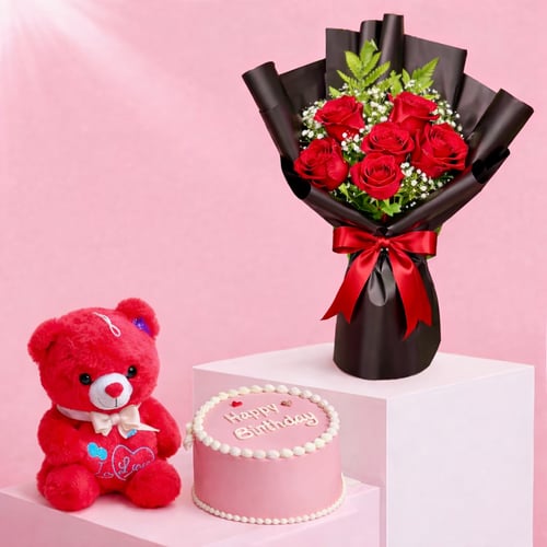 باقة / عيد ميلاد متكاملة مع ورد الجوري الاحمر