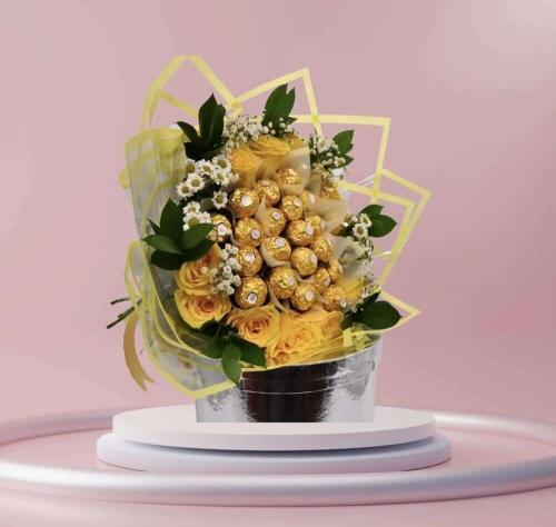 ابتسامة مشرقة – باقة ورد صفراء مع شوكولاتة فيريرو...