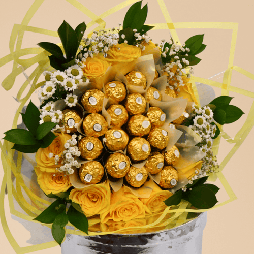 ابتسامة مشرقة – باقة ورد صفراء مع شوكولاتة فيريرو...