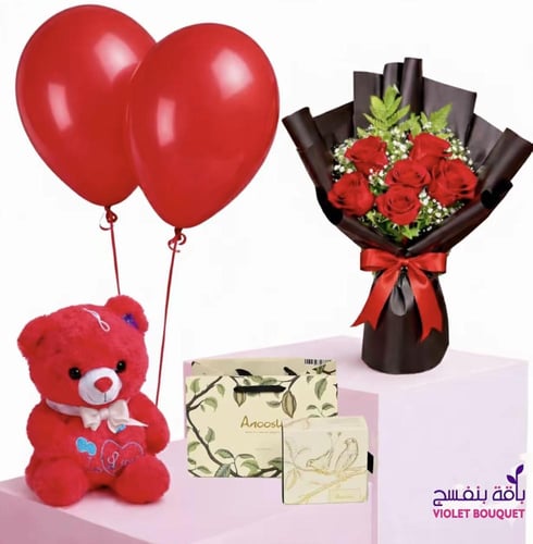 باقة / عيد ميلاد متكاملة مع ورد الجوري الاحمر مع ش...
