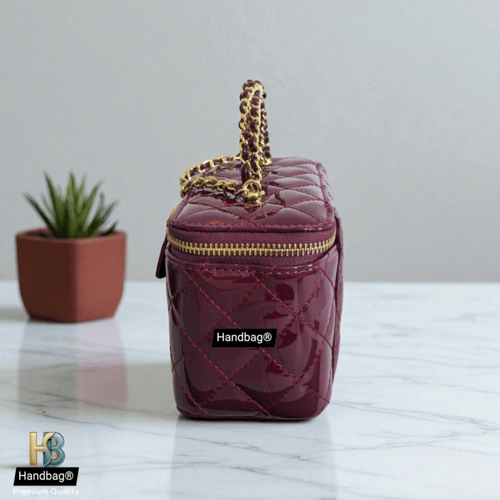 شنطة جلد شانيل ميكب عنابي لماع