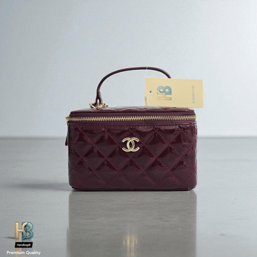 شنطة جلد شانيل ميكب عنابي لماع