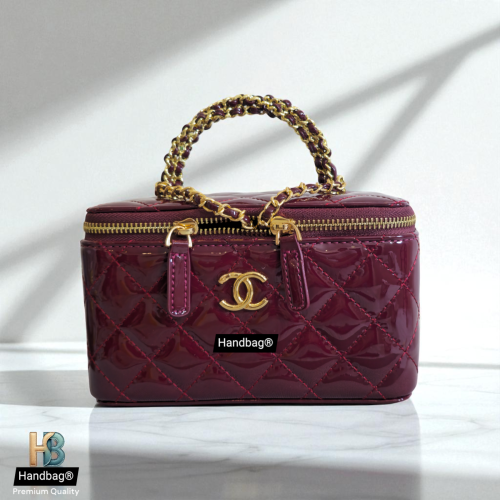 شنطة جلد شانيل ميكب عنابي لماع