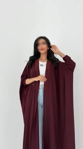 Soft crepe abaya in burgundy with a matching headscarf, half-bisht style