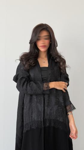 Luxurious jacquard abaya, royal crepe fabric, adorned with lace, flared cut