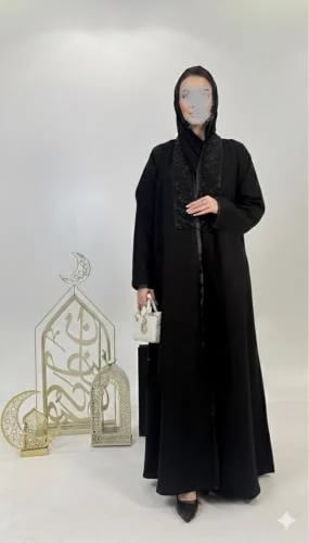 Black crepe abaya with embellishments, flared cut