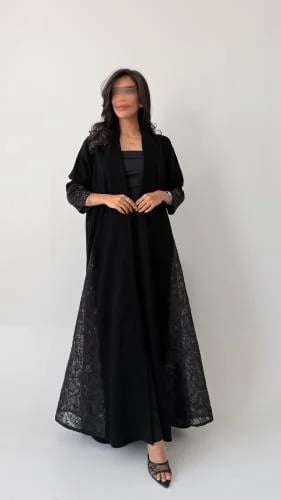 Royal crepe abaya with organza trim, flared cut