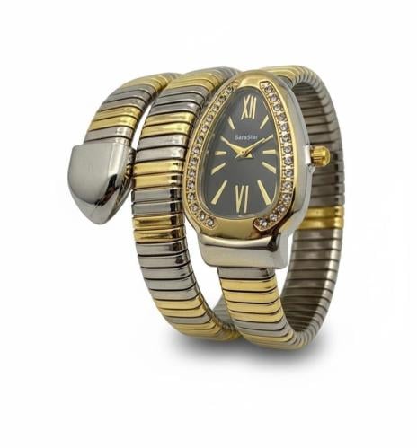ساعة الثعبان نسائي فضي مع ذهبي ميناء اسود