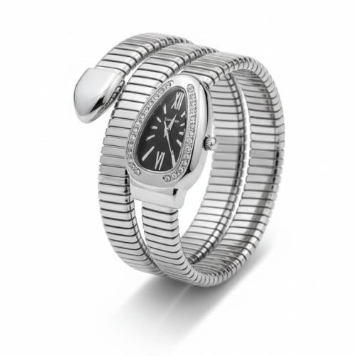 ساعة الثعبان نسائي فضي ميناء اسود