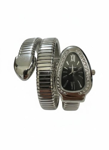 ساعة الثعبان نسائي فضي ميناء اسود