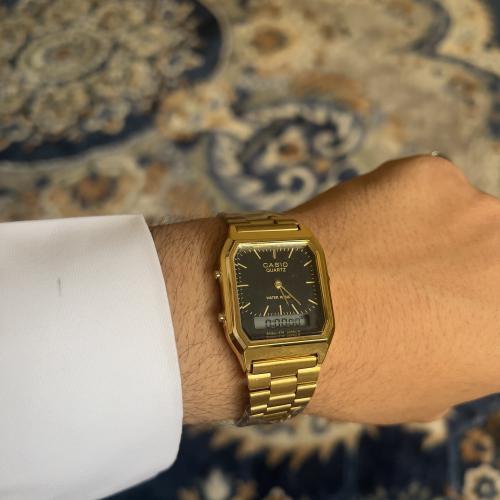 ساعة كاسيو فتنج اطار ذهبي مينا اسود