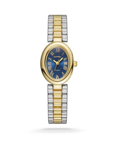 ساعة نسائي بيضاوي فضي وذهبي ميناء ازرق