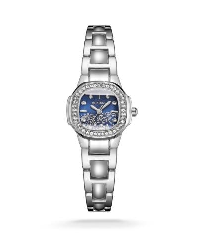 ساعة نسائي فضي كرستال ميناء ازرق