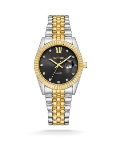 ساعة نسائي فضي وذهبي ميناء اسود