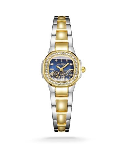 ساعة نسائي فضي وذهبي كرستال ميناء ازرق