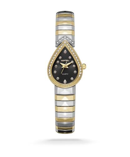 ساعة نسائي دمعة فضي و ذهبي ميناء اسود