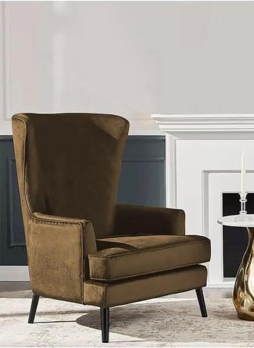 كرسي ملكي بظهرية مجنحة وذراعين منجد بالمخمل - بني...