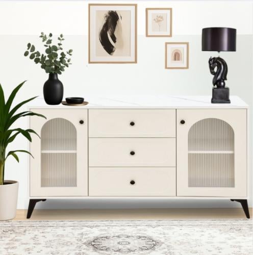 دولاب بوفيه بسطح سيراميك بمقاسات مختلفة لون أبيض