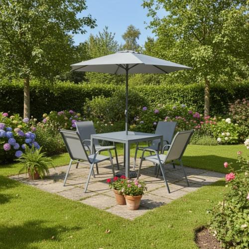 طقم طاولة وكراسي خارجية مع مظلة أنيقة وعملية
