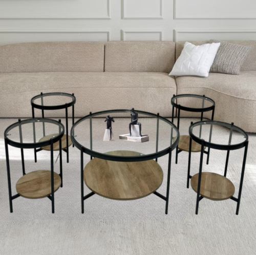 طقم طاولات خدمة أنيق وعصري من الزجاج والخشب