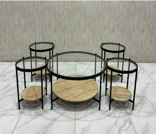 طقم طاولات خدمة أنيق وعصري من الزجاج والخشب