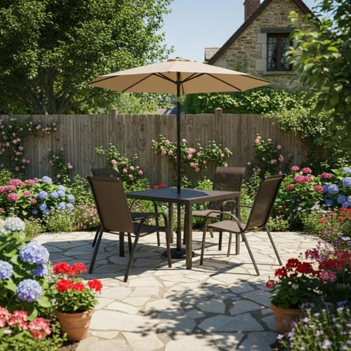 طقم طاولة وكراسي خارجية مع مظلة أنيقة وعملية