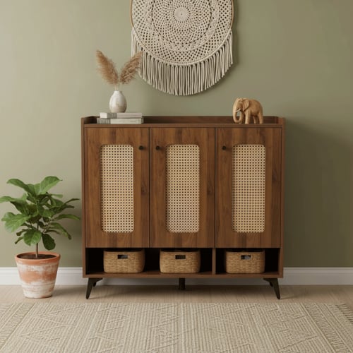 خزانة أحذية عصرية من الخشب والراتان الصناعي