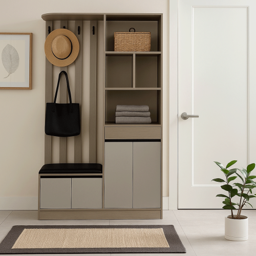 دولاب أحذيه مع علاقه ملابس بتصميم متكامل بأشكال مخ...