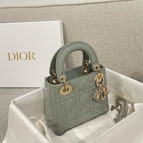 MINI LADY DIOR BAG Stone Gray Patent Calfskin