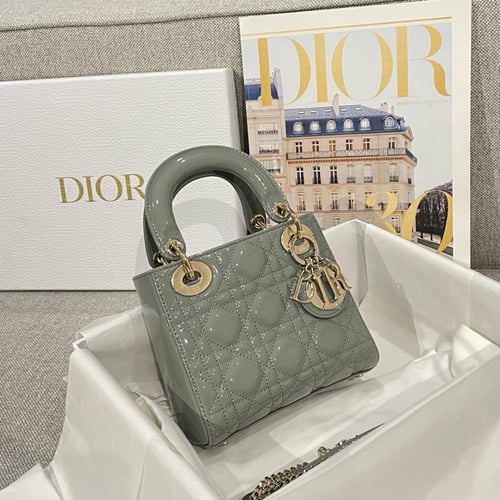 MINI LADY DIOR BAG Stone Gray Patent Calfskin
