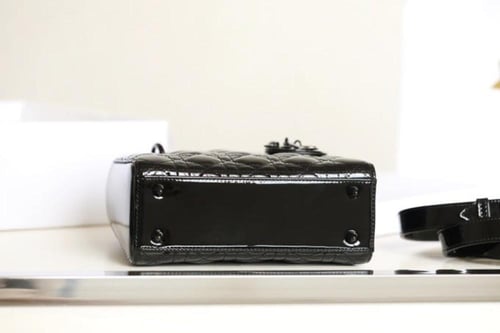 Small LADY DIOR handbag black glossy patent leathe...