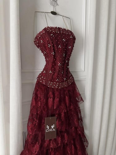 فستان عودي صدريه تطريز لولو ودانتيل فرنسي طبقات