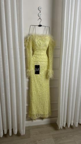 فستان ليموني دانتيل فرنسي مطرز وريش