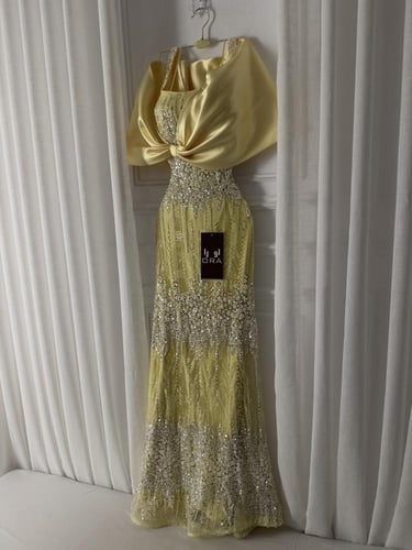 فستان ليموني شك سهره وفنيكه صدر ميكادو