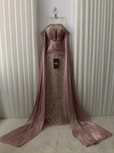 فستان لحمي كلفه شك سهره اكمام طويل كرنكل