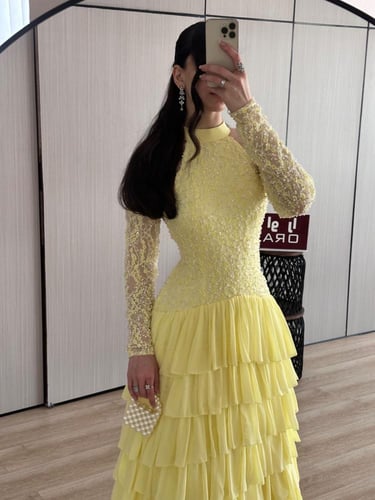 فستان ليموني صدريه دانتيل فرنسي لولو وجورجيت طبقات