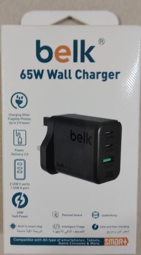 Wall charger Belk Belk with power 65 watts 3 ports (2 Type C and 1 USB) for fast charging two-year warranty