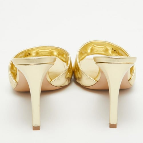 Gold Monogram Embossed Leather Revival Slide Sanda...