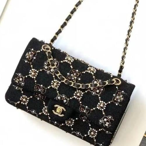 Chanel black Pearl & Crystal Classic Double Flap S...
