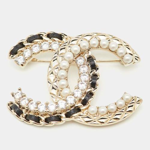 Chanel CC Faux Pearl Crystal Leather Gold Tone Bro...