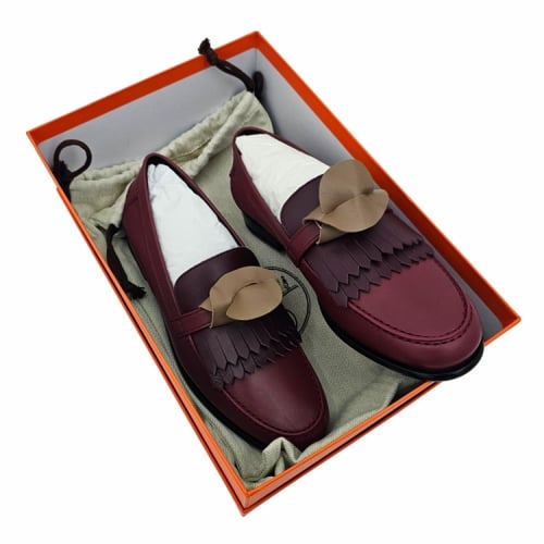 Hermes Burgundy Leather Slip On Loafers