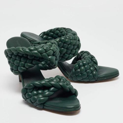 Bottega Veneta Green Leather Braided Accents Slide...