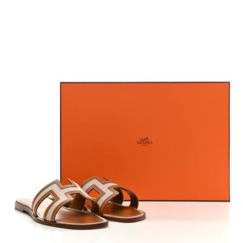 HeSh49-HERMES Calfskin Canvas Oran Sandals