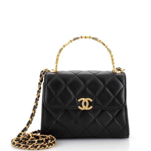 ChBa25 -CHANEL Lambskin Enamel Quilted Top Handle...