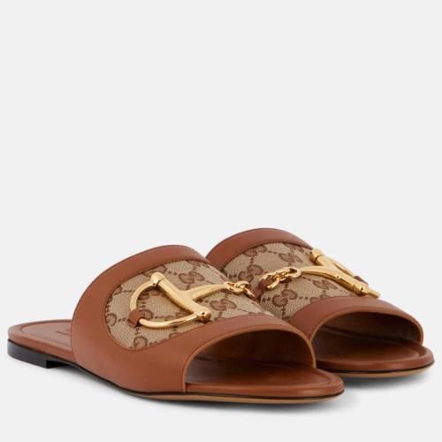 Horsebit canvas-trimmed leather slides
