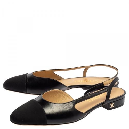 Chanel Black Leather and Fabric Cap Toe Slingback...